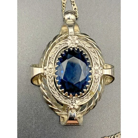 Vintage Blue Glass Pendant Necklace Faceted Silver Tone Dog Tooth Ornate Setting - Picture 3 of 9
